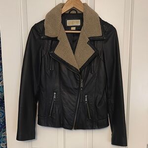 Michael Kors Black Leather Jacket with Shearling Collar
